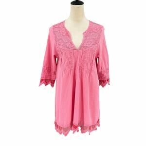 Gretty Zueger Pink 100% Cotton Gauze Lace Embellished Boho Cottagecore Tunic Top